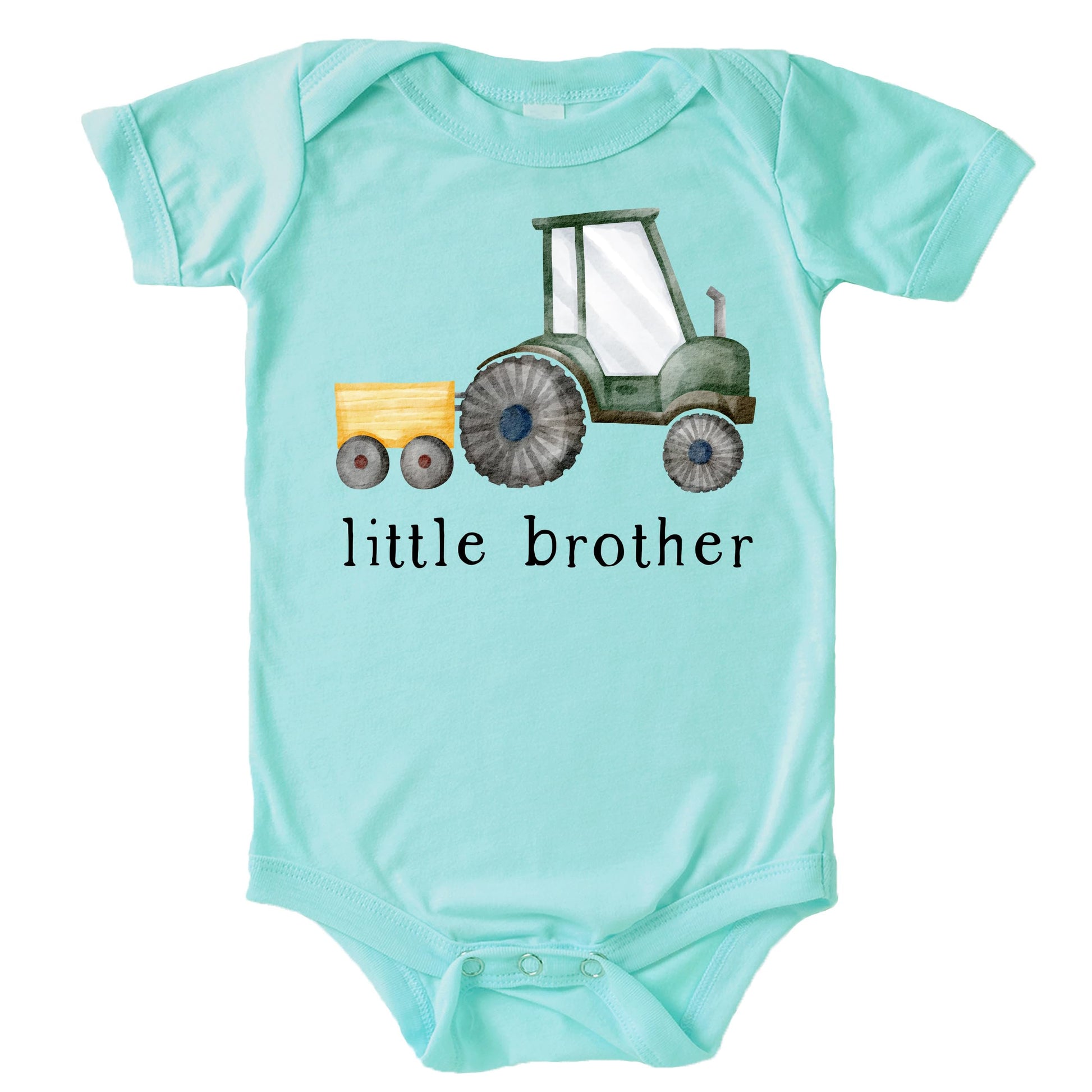 Little brother farm tractor shirt laid flat showing full graphic design on natural fabric