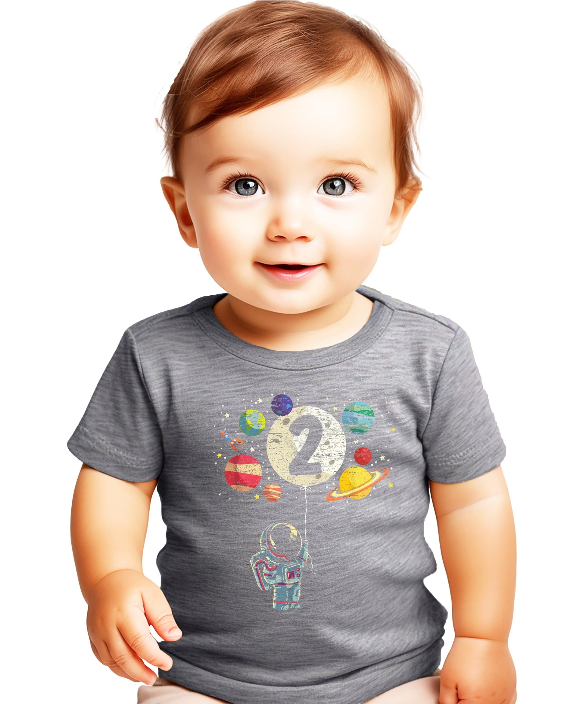 Close-up of vibrant astronaut and rocket graphic on black toddler birthday t-shirt