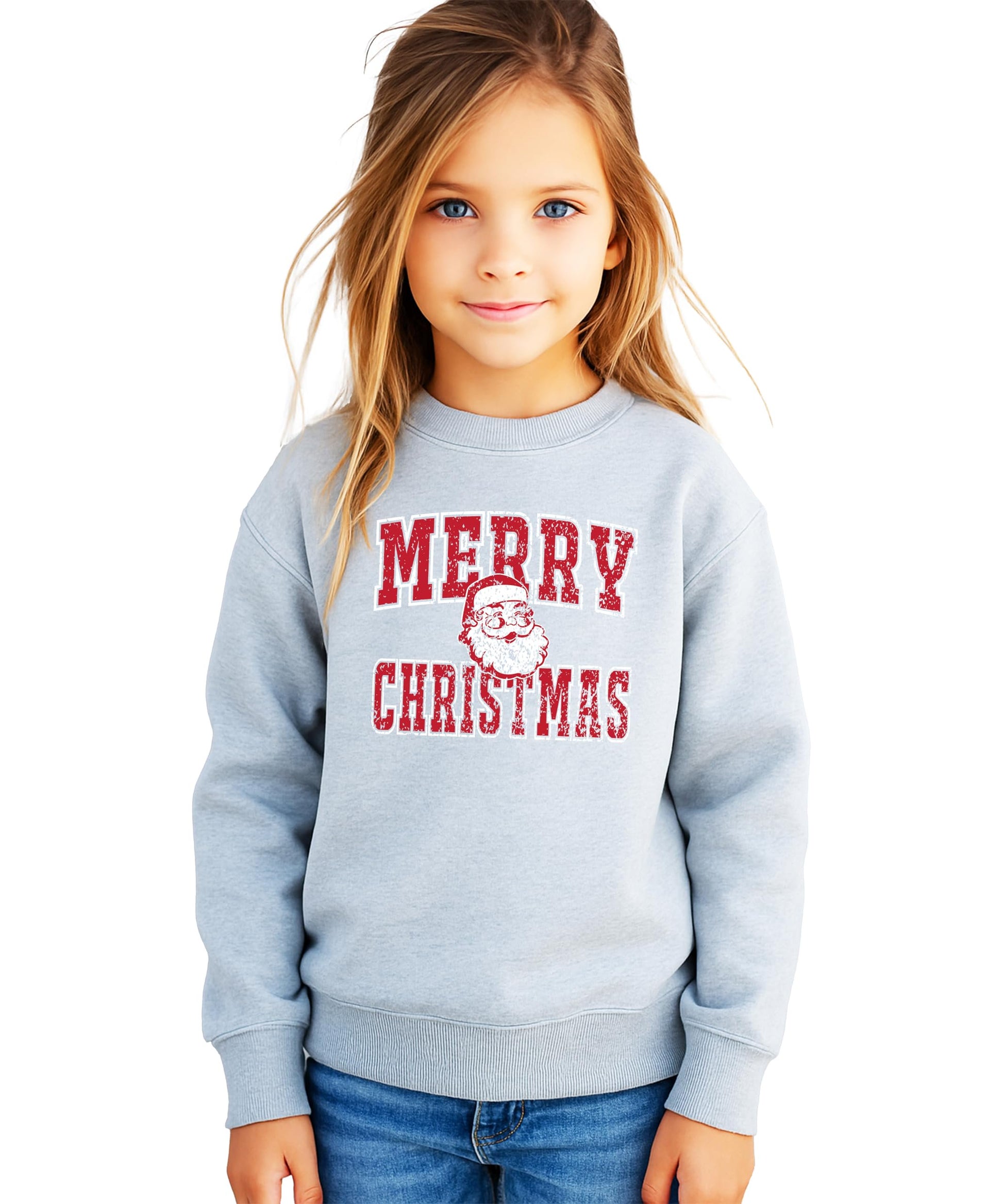 Gray holiday sweatshirt with classic Santa graphic and bold Christmas text