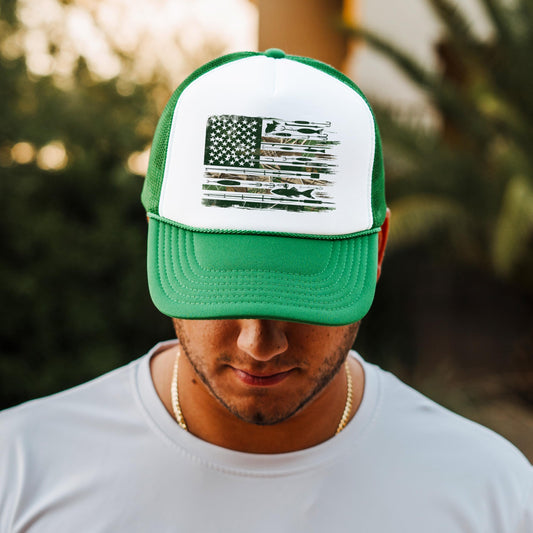 American Flag Fishing Trucker Hat for Men Classic 5 Panel Foam Front Mesh Snapback