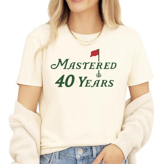 Mastered 40 Years funny golf graphic t-shirt for men and women in vintage green, 40th birthday tee