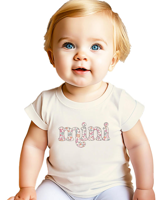 Pink mama and mini matching floral graphic tee with retro font and dainty flower design