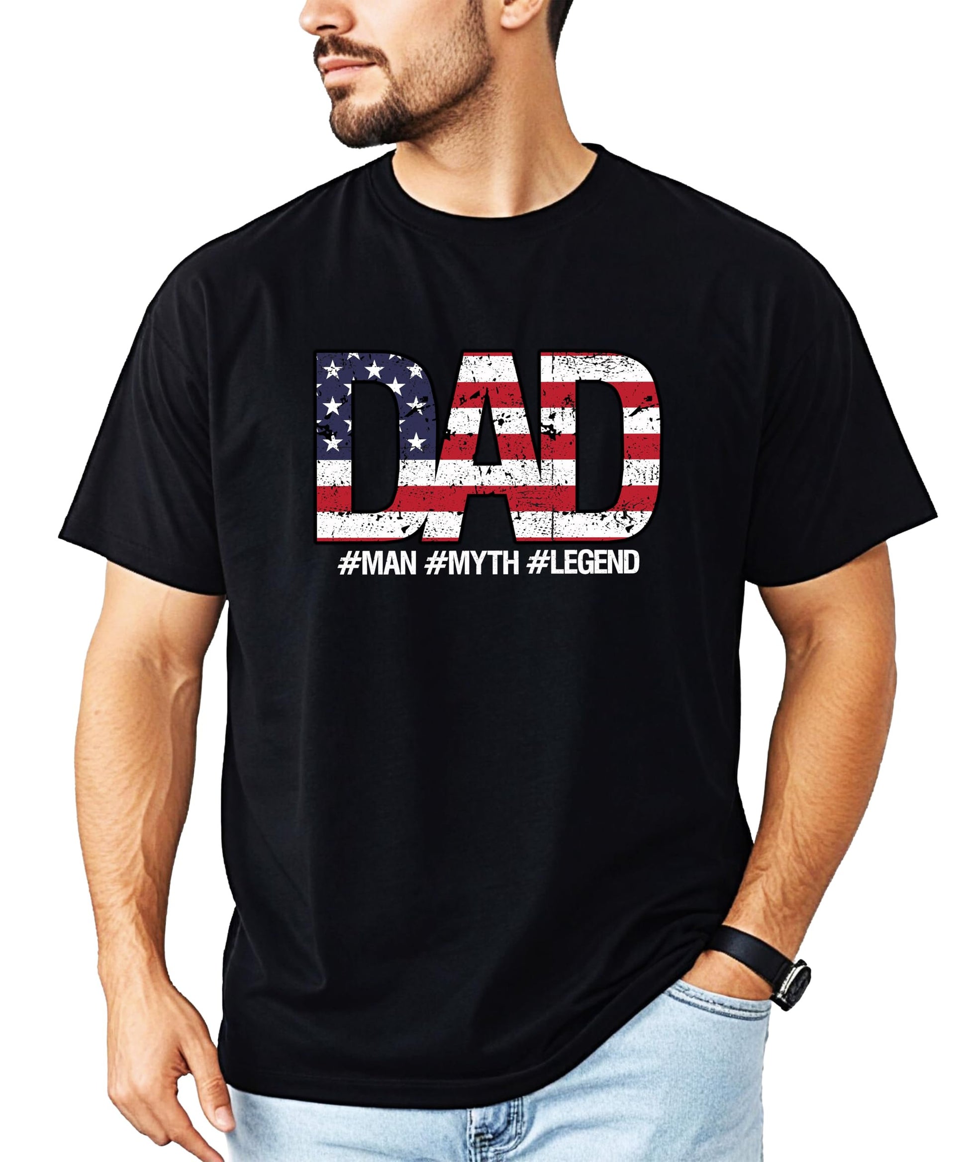 Model wearing patriotic Dad Man Myth Legend graphic tee in navy blue