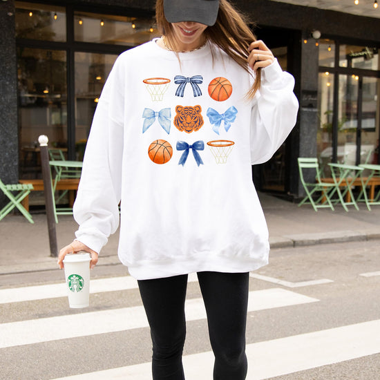 Women's white Tigers basketball fan sweatshirt with girly bow detail, front view