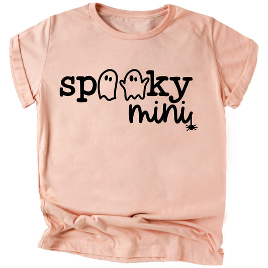 Vintage burgundy toddler Halloween tee with orange spooky mini ghost graphic printed on the front