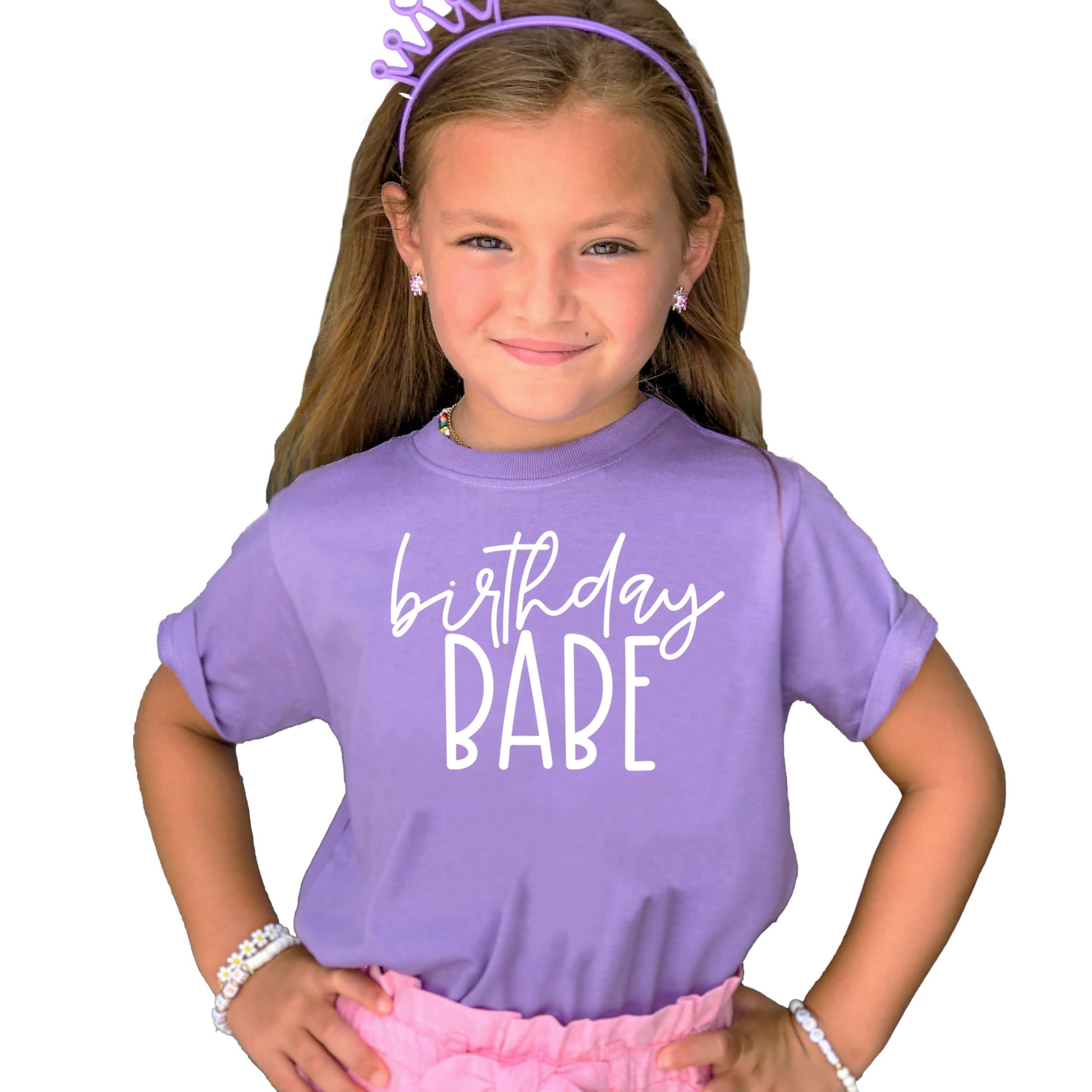 Birthday Babe girls birthday shirt in purple with fun script design