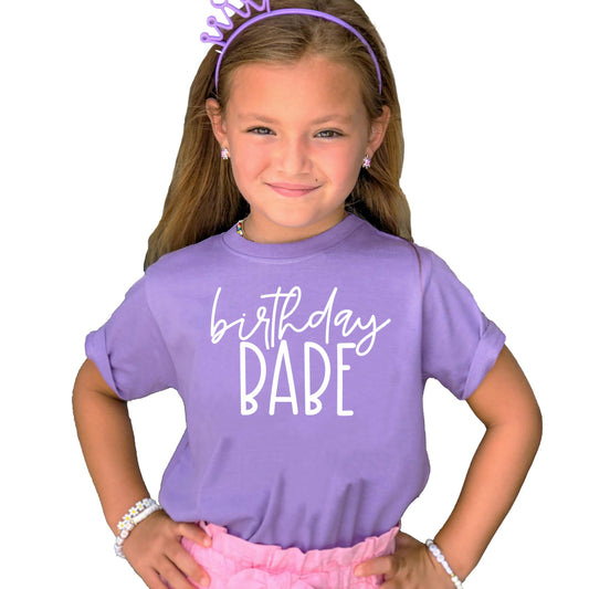 Birthday Babe girls birthday shirt in purple with fun script design