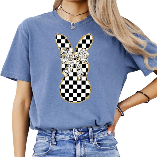 Woman wearing retro checkered bunny Easter shirt, spring preppy style