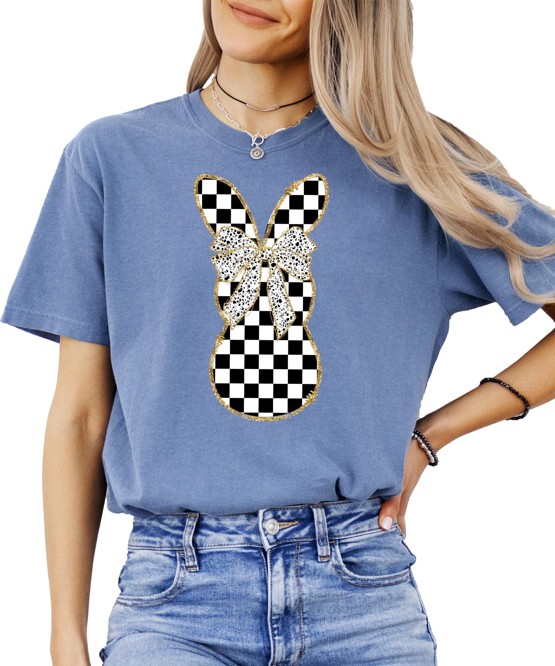 Woman wearing retro checkered bunny Easter shirt, spring preppy style