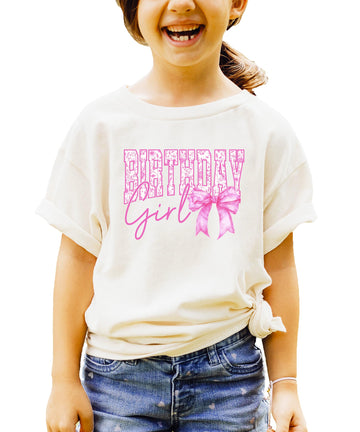Floral Birthday Girl shirt with pink coquette bow design on light colored tee