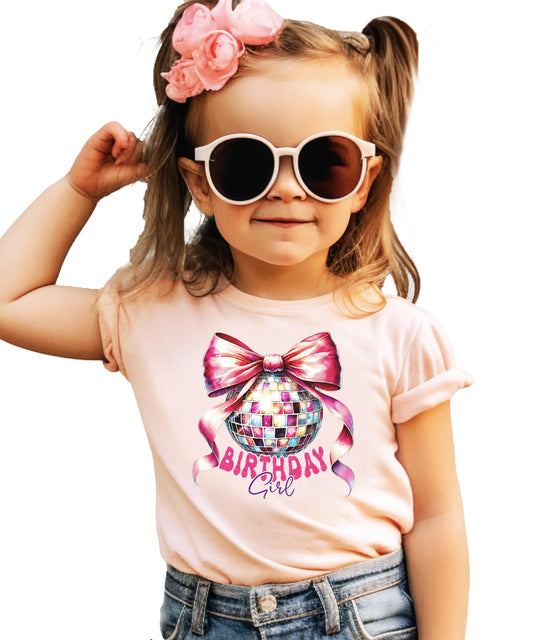 Birthday Girl Coquette Disco Ball Tee | Pink Bow Kids Shirt