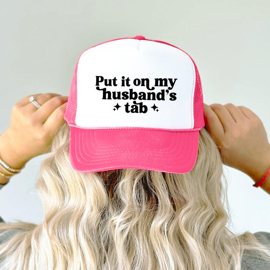 Put it on My Husband's Tab Women's Funny Classic 5 Panel Mesh Snap Back Trucker Hat