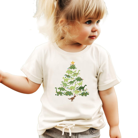 Size and fit guide for dinosaur Christmas tree holiday shirt on model