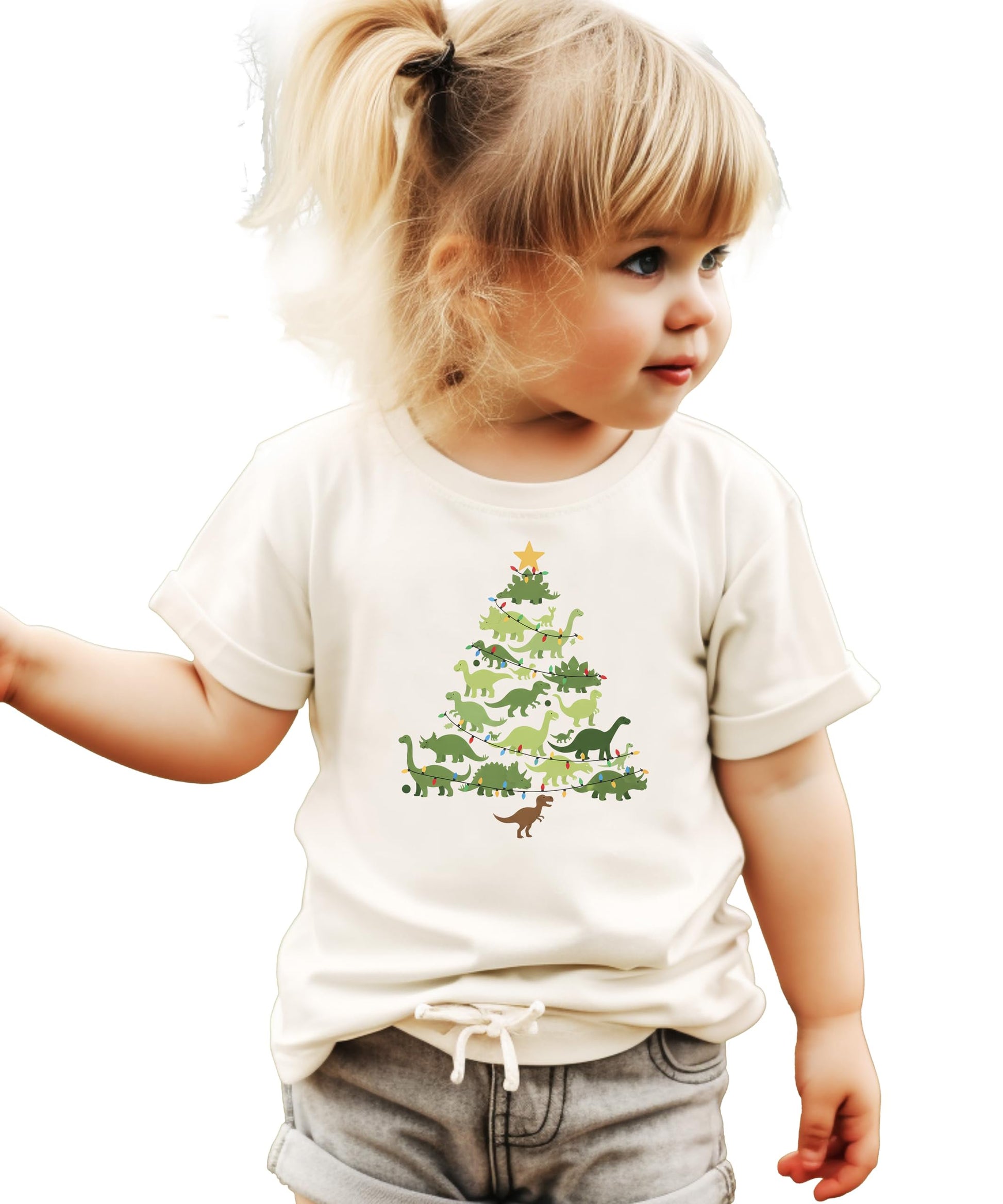 Size and fit guide for dinosaur Christmas tree holiday shirt on model