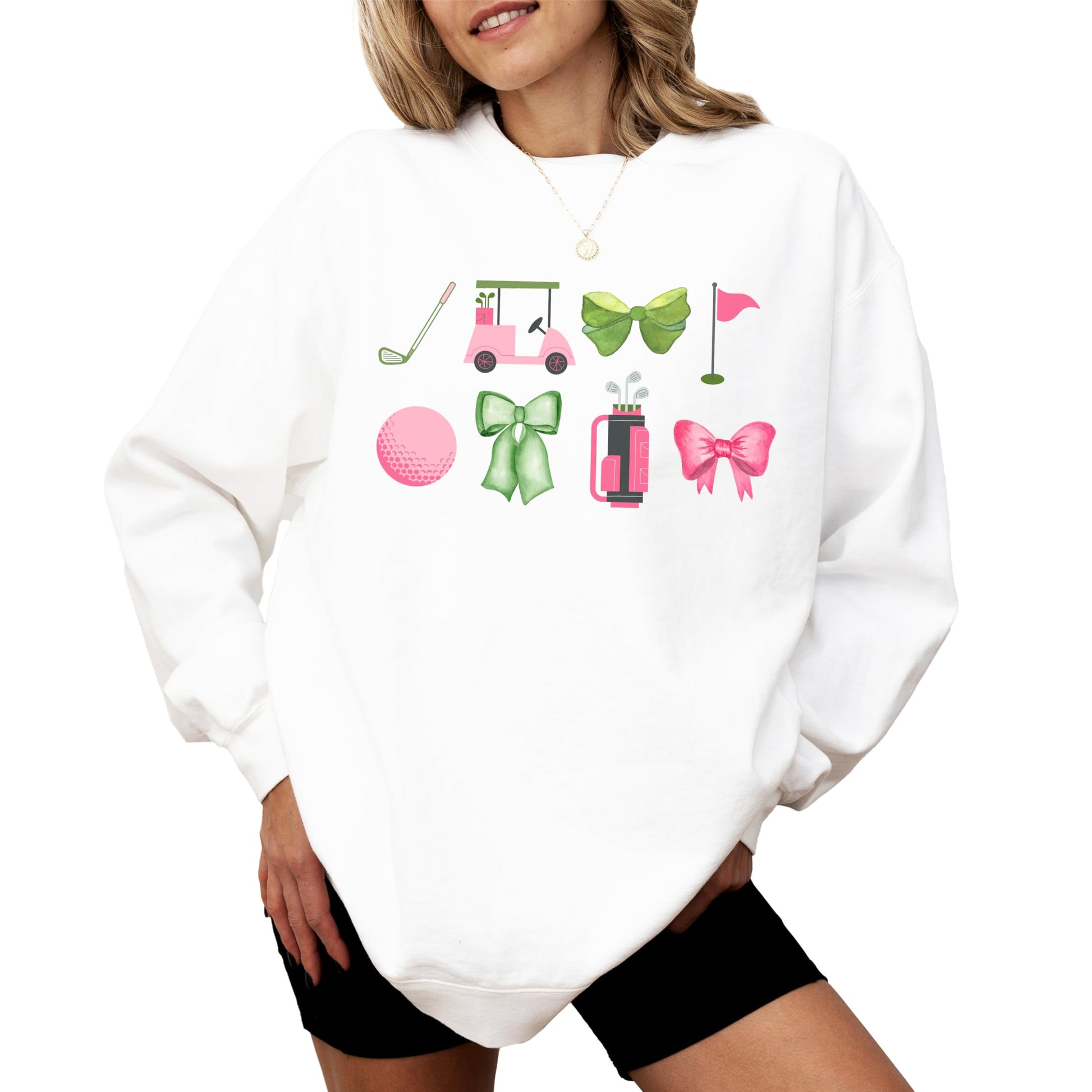 Women's gray crewneck sweatshirt with girly golf graphic print by Olive Loves Apple
