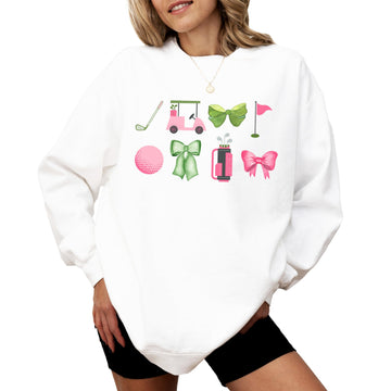 Women's gray crewneck sweatshirt with girly golf graphic print by Olive Loves Apple