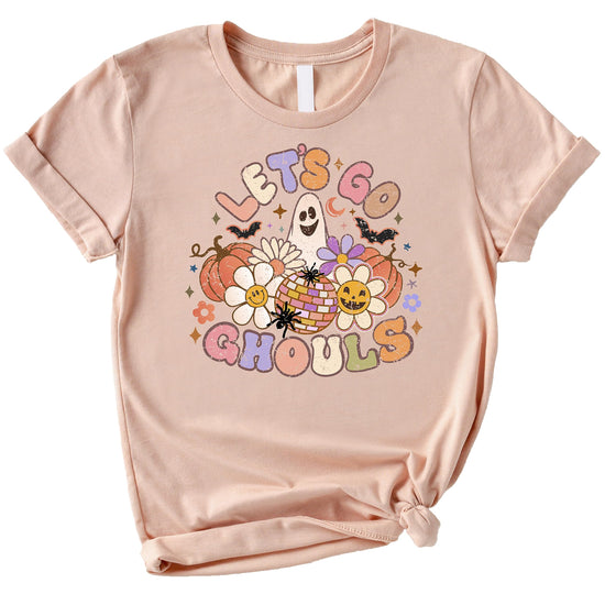 Front view of peach Let's Go Ghouls funny Halloween shirt with retro groovy design
