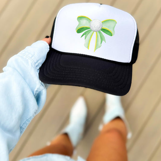 Girly Golf Ball Bow Trucker Hat for Women Trendy Golfer Foam Front Classic 5 Panel Mesh Snapback