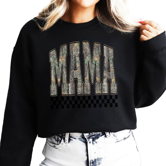 Olive Loves Apple Mama Camo crewneck sweatshirt with distressed camouflage lettering and retro check accent