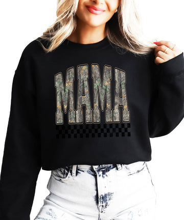 Olive Loves Apple Mama Camo crewneck sweatshirt with distressed camouflage lettering and retro check accent