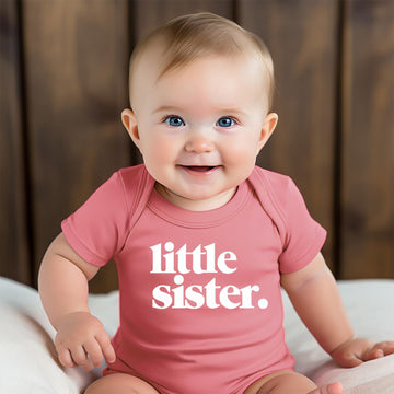 Little Sister baby bodysuit in mauve shown from back, Olive Loves Apple sibling outfit