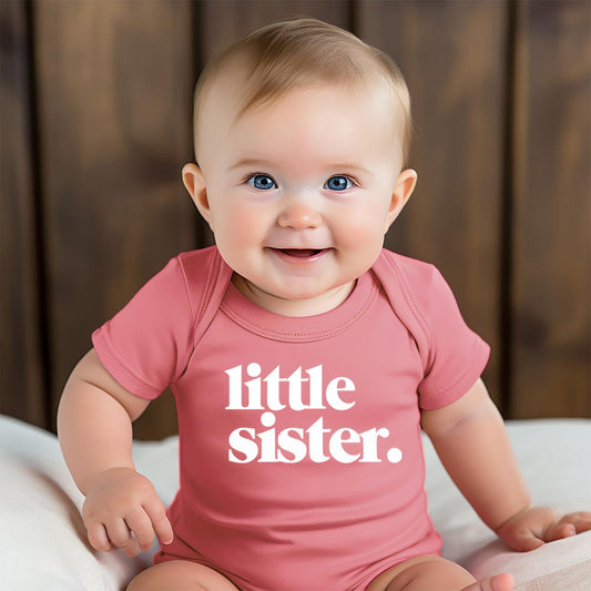 Little Sister baby bodysuit in mauve shown from back, Olive Loves Apple sibling outfit