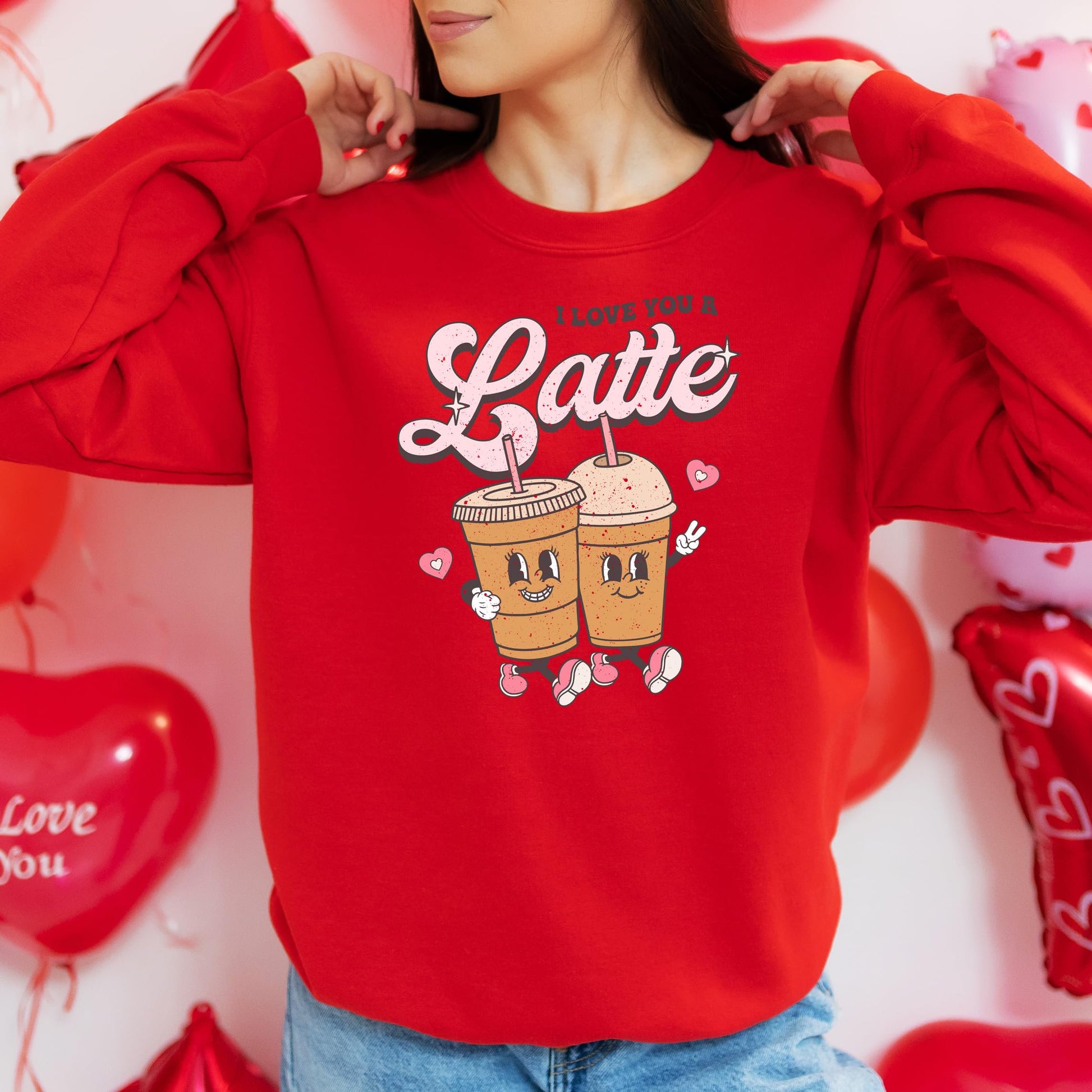 Adult gray Valentine's Day sweatshirt with latte coffee pun graphic design