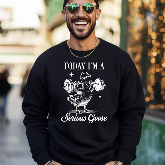 Serious goose weightlifting pullover sweatshirt flat lay showing full design