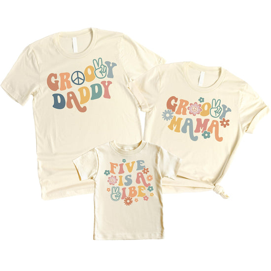 Toddler and kids groovy birthday shirt in natural color with colorful graphic