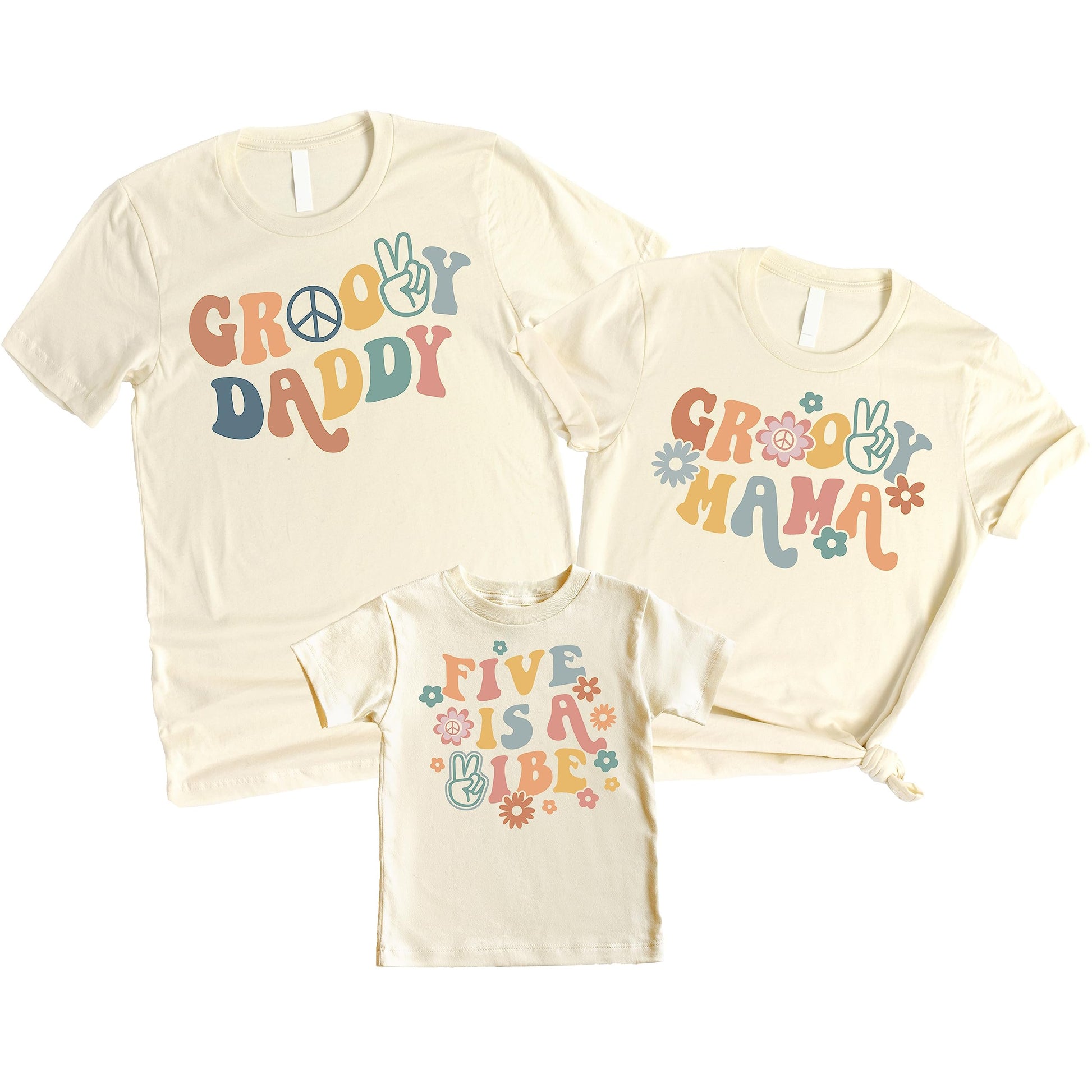 Toddler and kids groovy birthday shirt in natural color with colorful graphic