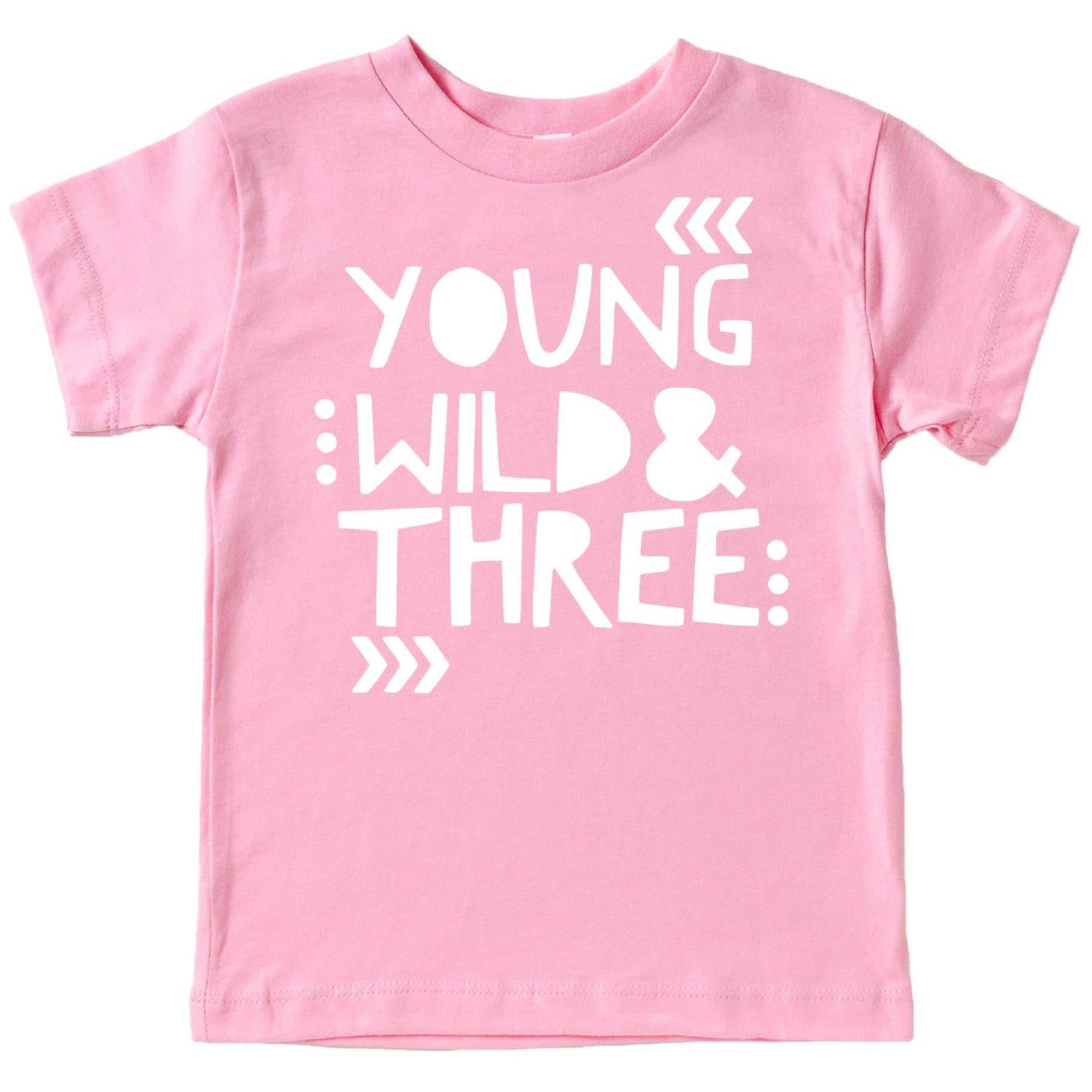 Young Wild and Three birthday shirt in peach with white text for toddler girls