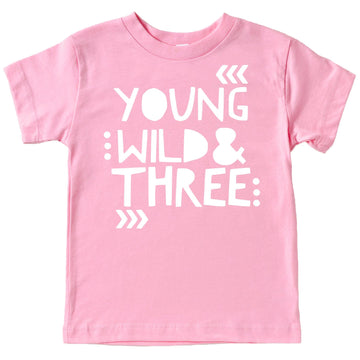 Young Wild and Three birthday shirt in peach with white text for toddler girls