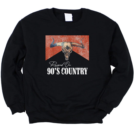 Raised On 90s Country Music white sweatshirt with longhorn skull vintage western graphic design