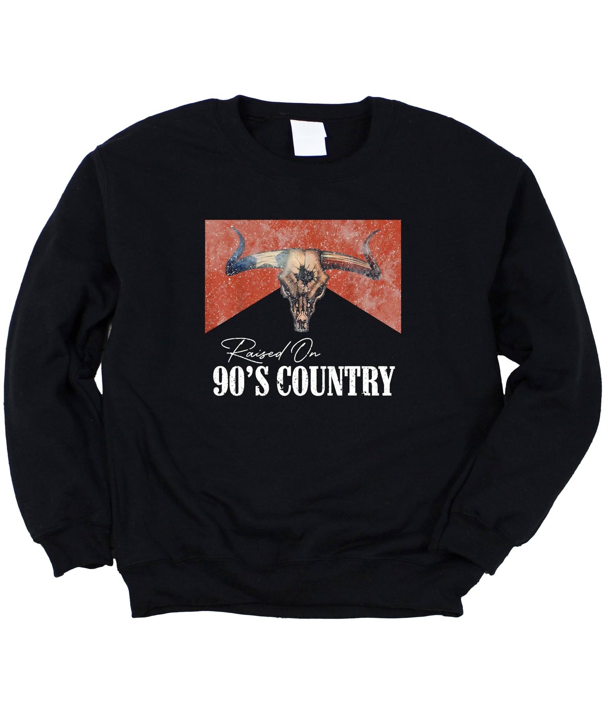 Raised On 90s Country Music white sweatshirt with longhorn skull vintage western graphic design