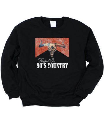 Raised On 90s Country Music white sweatshirt with longhorn skull vintage western graphic design