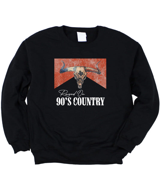 Raised On 90s Country Music white sweatshirt with longhorn skull vintage western graphic design