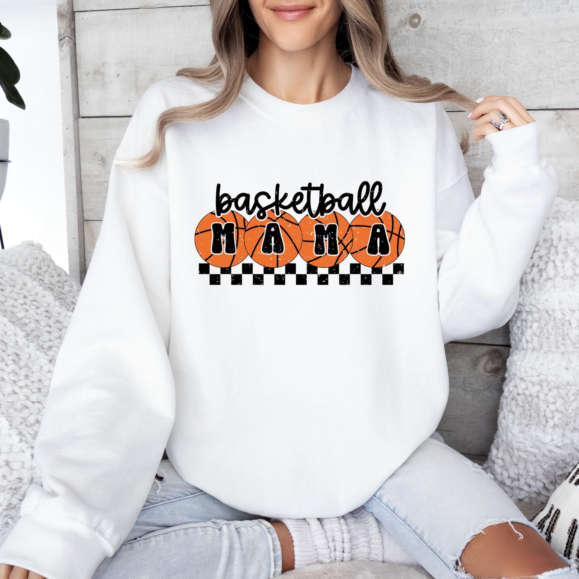 Basketball mom white sweatshirt laid flat showing full front graphic detail