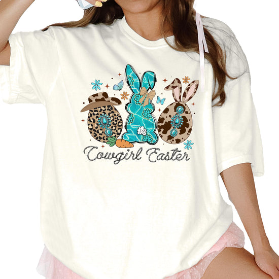 Women modeling brown cowgirl Easter bunnies t-shirt with Western graphic design