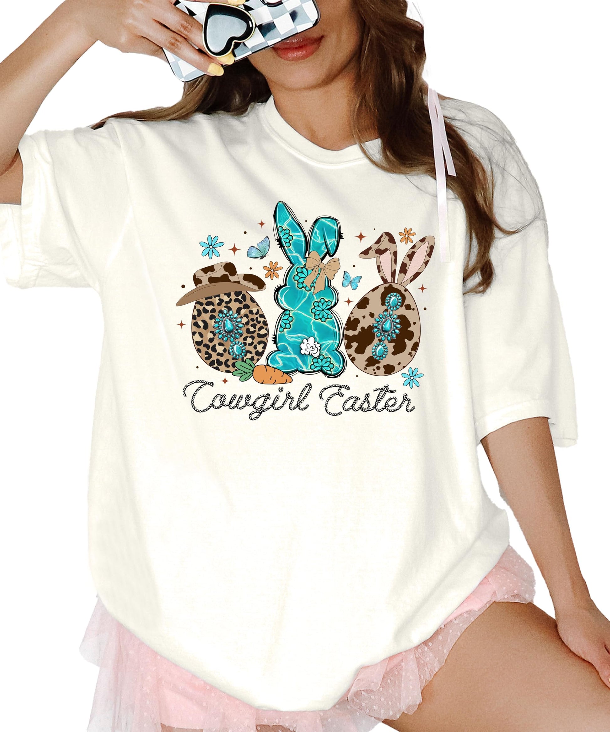 Women modeling brown cowgirl Easter bunnies t-shirt with Western graphic design