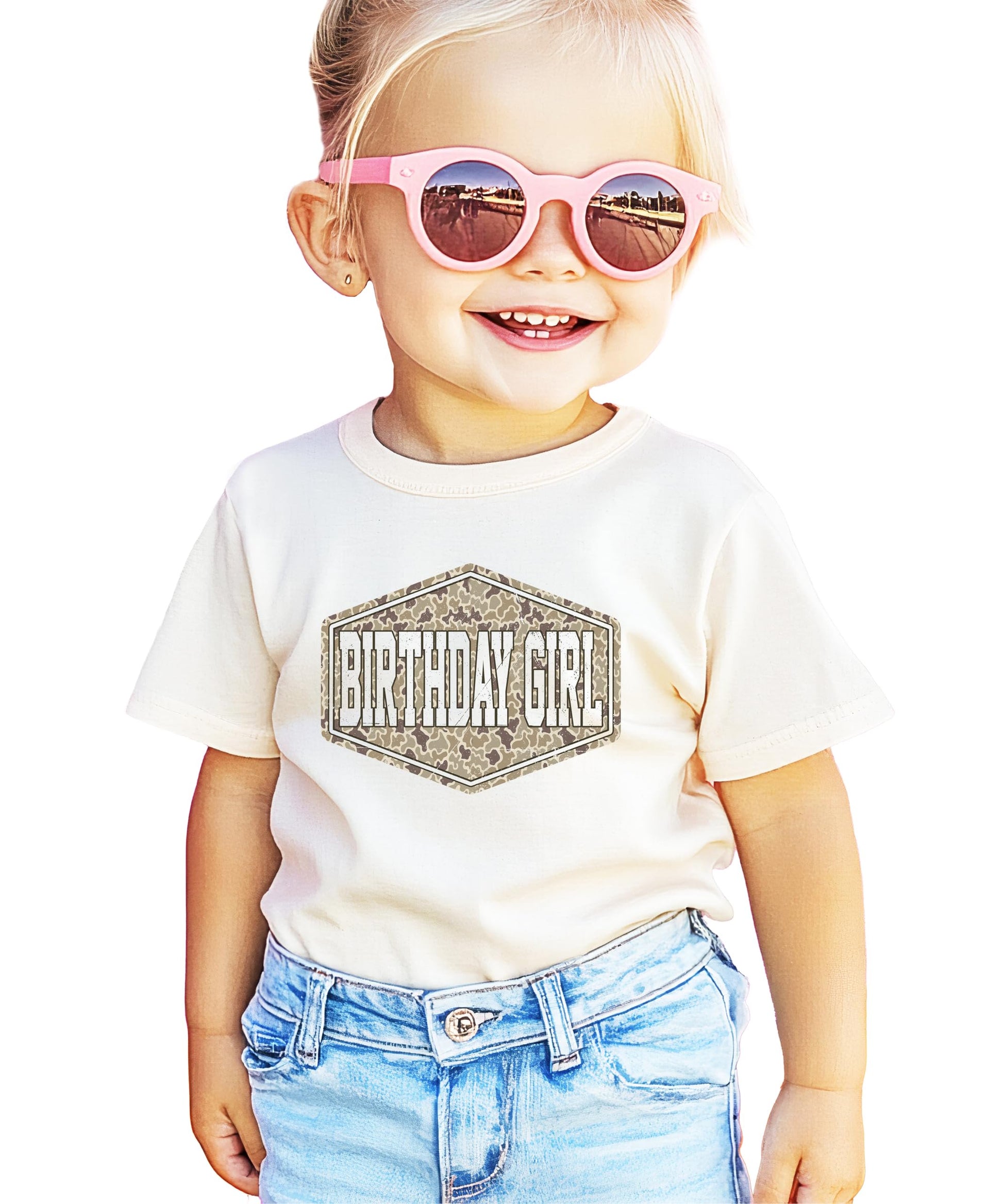 Model wearing camo birthday girl shirt, styled for birthday celebration