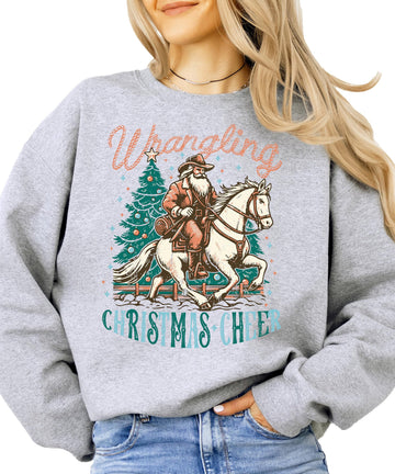 Wrangling Christmas Cheer Sweatshirt for Women Teens and Girls Cowboy Santa Holiday Sweater White Sweatshirt Adult Large