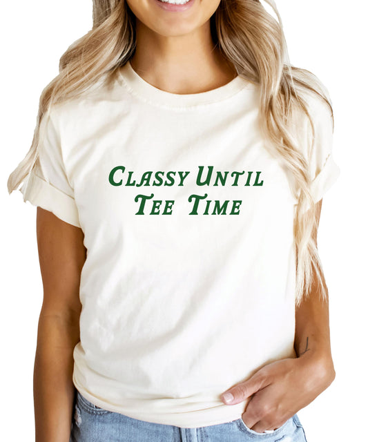 Front view of Classy Until Tee Time women's golf t-shirt in vintage green with white graphic lettering