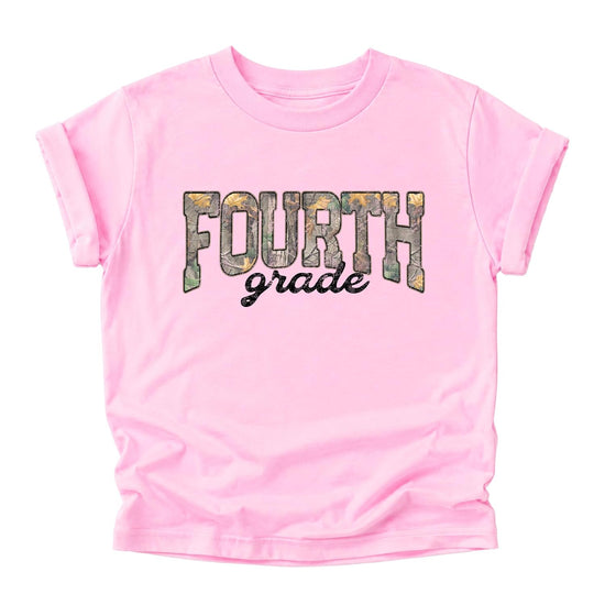 Kids fourth grade camo back to school tee laid flat showing full graphic and color options