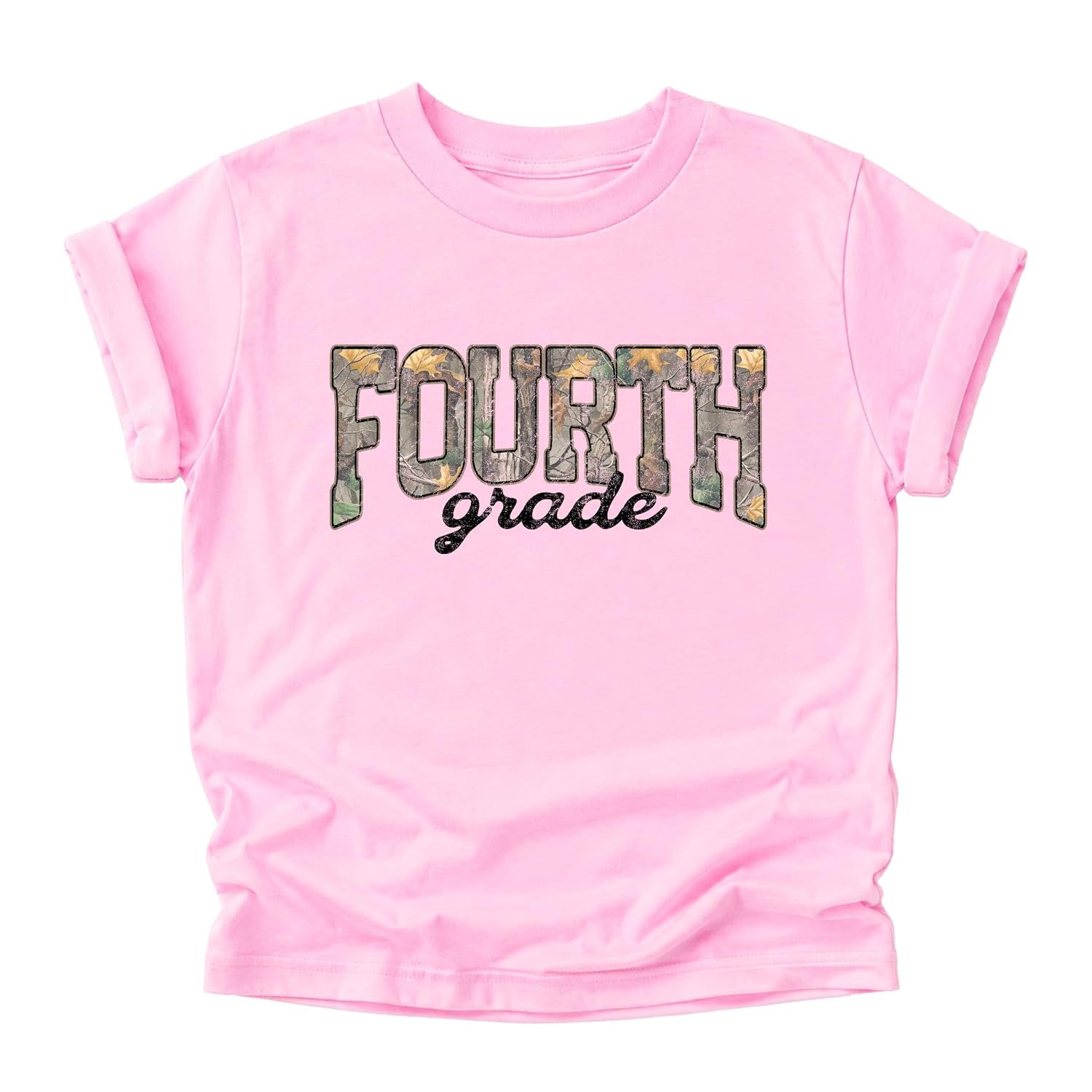 Kids fourth grade camo back to school tee laid flat showing full graphic and color options