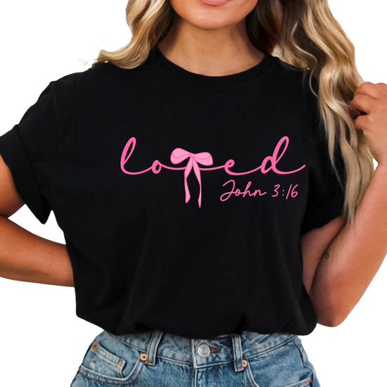 Lifestyle shot of Loved Christian graphic tee — perfect Valentine's Day gift for women and teens