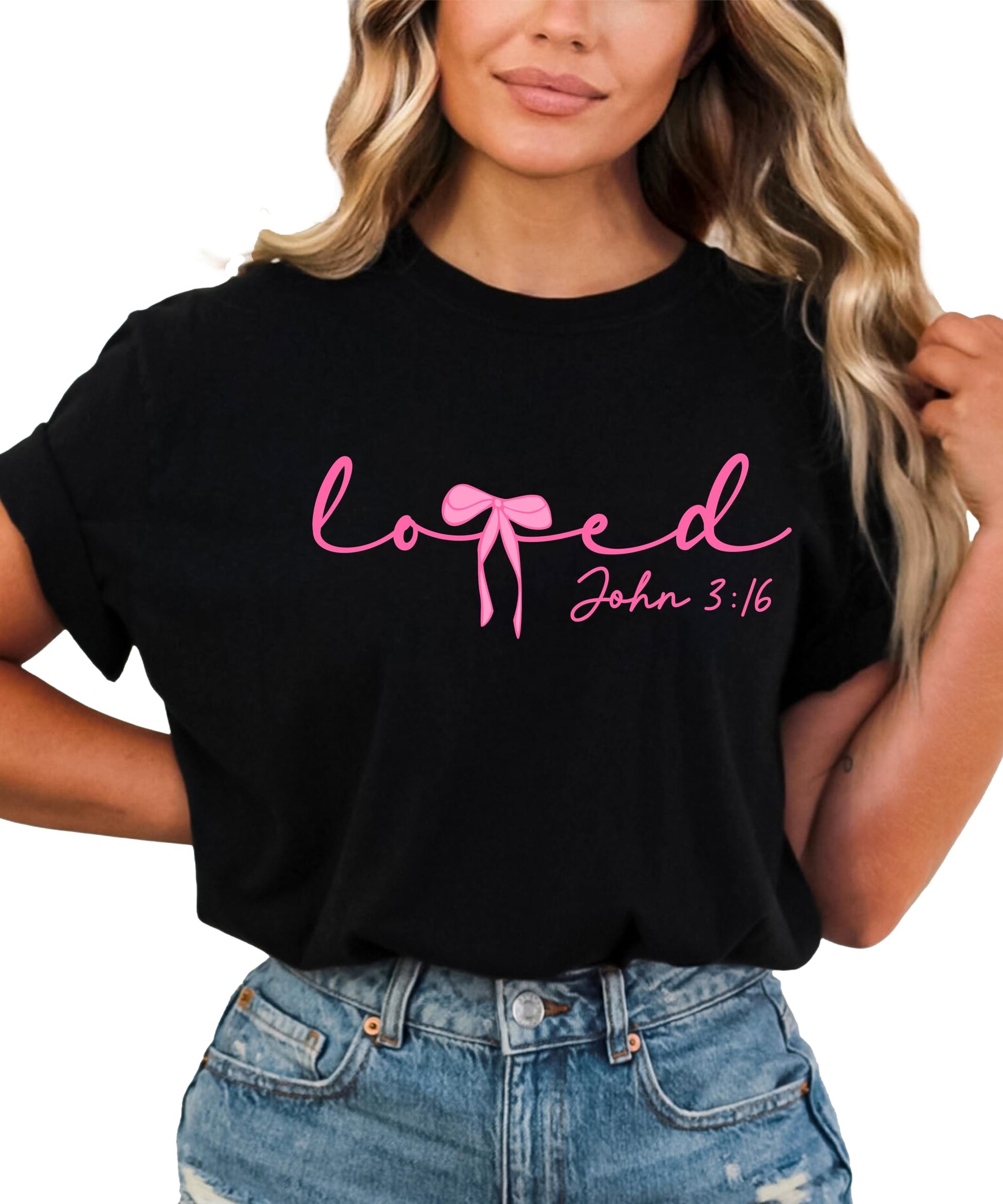 Lifestyle shot of Loved Christian graphic tee — perfect Valentine's Day gift for women and teens