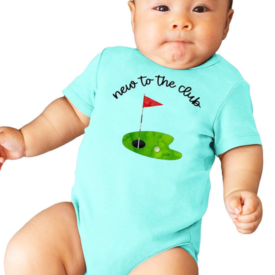 Natural cotton snap-bottom baby bodysuit with New to the Club golf theme by Olive Loves Apple