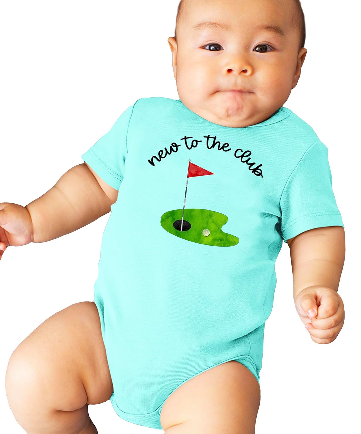 Natural cotton snap-bottom baby bodysuit with New to the Club golf theme by Olive Loves Apple