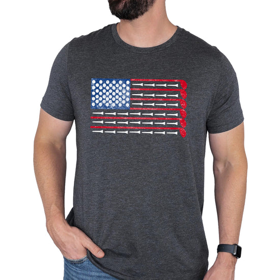 Front view of patriotic USA flag golf shirt for men in heather blue