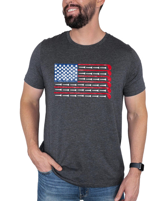 Front view of patriotic USA flag golf shirt for men in heather blue